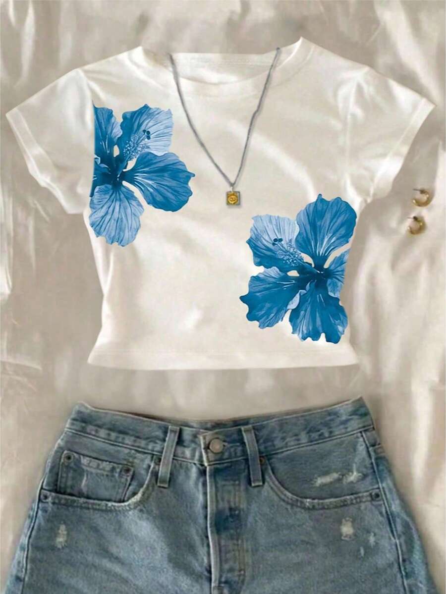 Playera multicolor de mujer con estampado floral hibiscus moderno - Blanco3 - Ver 1