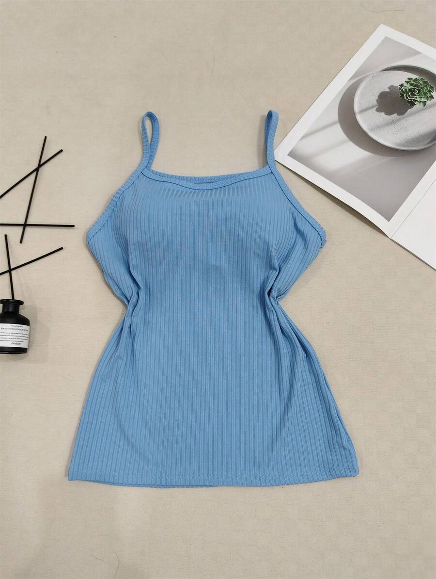 Women's Thin Strap Ribbed Tank Top With Padded Cup - Baby Blue - View 1