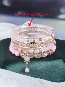 4pcs Bohemian Fashion Personalized Versatile Multi-Layer Stretch Bracelet, Creative Crystal Butterfly Pearl Beads Bracelet For Women, Birthday Party Gift - Coffee - View 6