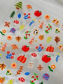 一款卡通美甲贴纸，采用激光浮雕技术，可爱俏皮的手绘风格，图案包括兔子、松鼠、苹果、花朵等，适合个人DIY和美甲沙龙使用。 - 彩色 - 查看 9