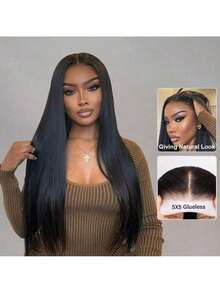 5x5 Glueless Wigs Human Hair Bone Straight HD Transparent Lace Closure Wig No Glue Lace Front Wig Pre-Plucked Pre-Cut 5x5 Glueless Human Hair Wigs Halloween Wigs Dress Up Wig - Natural Black - 查看 8