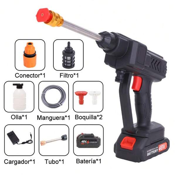 Pistola de limpieza de alta presión eléctrica inalámbrica con batería de 48 V + manguera de 5 m + boquilla + tanque de espuma + cargador + caja de almacenamiento, adecuada para limpieza de automóviles, vidrios, paredes y riego de flores.