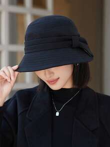 1 szt. damski jesienny kapelusz rybaka z kokardą, zimowy kapelusz typu bucket z długim rondem, elegancki, ciepły kapelusz typu bucket w jednolitym kolorze, odpowiedni do codziennego noszenia jesienią/zimą i jesiennymi strojami