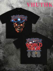 VHUTHK Double Sided Printing (220 Pure Cotton T-Shirt) 'WORLD TOUR' Letter And Portrait Printing For Men's Summer Round Neck Short Sleeved Casual Pure Cotton Printing