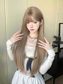 alicegarden 1 hitzebeständige synthetische Perücke, lange braune gerade Perücke mit Pony-Stil, 30 Zoll lang, aus Kunstfaser, für täglichen Partygebrauch, natürliche und realistische Perücke (ohne Zubehör) - Braun - Übersicht 3