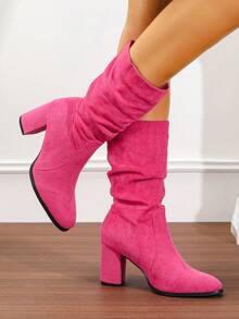 Chunky Heel Slouchy Boots Round Toe Suede Slim Tall Boots For Women, New Autumn/Winter Mid-Calf Riding Boots, Fur Trim, Pink - Watermelon Pink - View 3