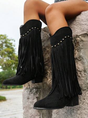 Retro Black Fringe Back Zipper Boots, Pointed Toe Suede Rivet Fringe Flared Leg Boots, Fashion Versatile Western Cowboy Over-The-Knee Riding Boots, Autumn/Winter 2025