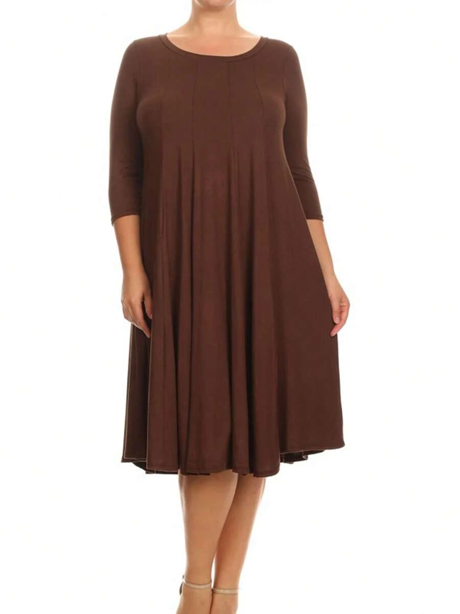Plus Size Casual 3/4 Sleeves Basic A-Line Pleated Solid Midi Dress  Wedding - Brown - View 1
