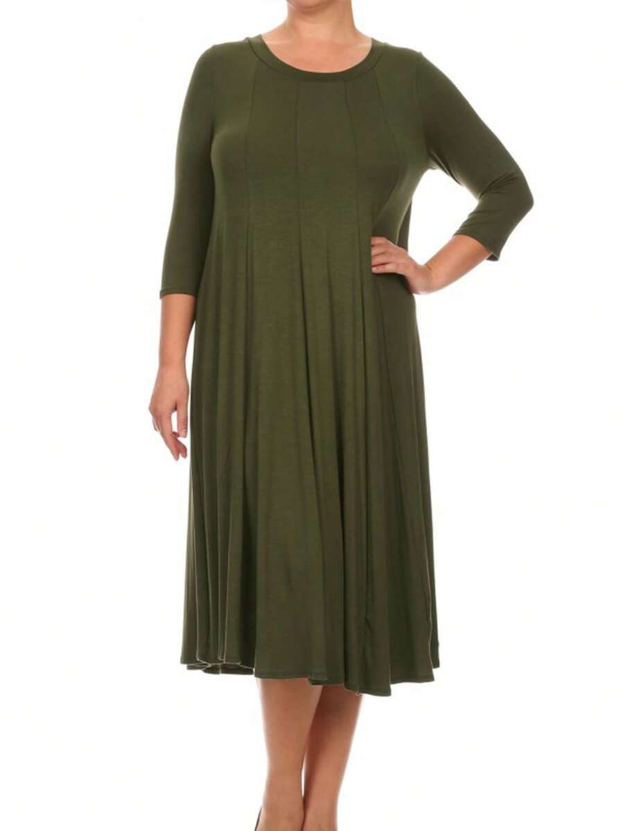 Plus Size Casual 3/4 Sleeves Basic A-Line Pleated Solid Midi Dress  Wedding - 橄欖綠 - 查看 1