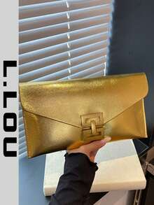 Fashionable Handheld Bag, Letter Envelope, Retro Metal Hardware Lock, Flip Cover Envelope, Makeup Bag, Inner Container Bag, Banquet Bag, Versatile Leisure Bag - Gold - View 2