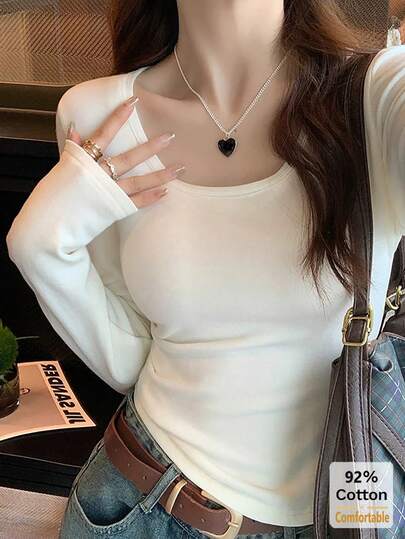 女式棉质长袖 T 恤，百搭 U 领修身纯色汗衫，秋季