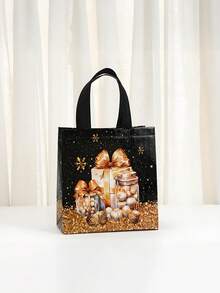 12 pungi de cadouri festive de Crăciun - model cu om de zăpadă, brad și șosetă, negre și aurii cu mânere, genți tote nețesute pentru petreceri de sărbători, pungi de cadouri de Crăciun