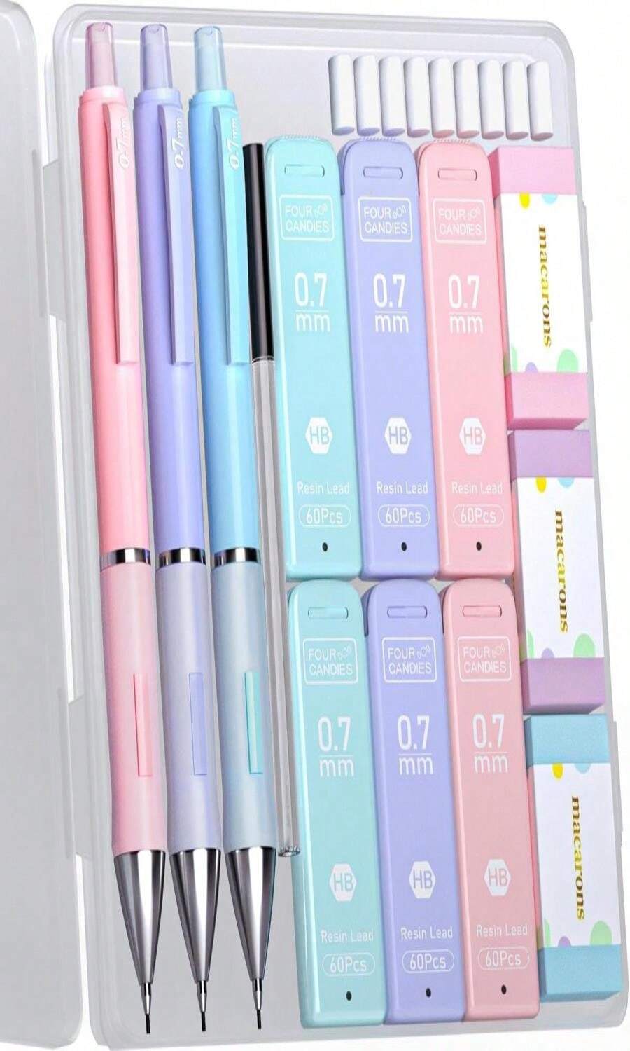 Four Candies Pastel Mechanical Pencil Set - 6PCS 05 Mm &Amp; 07mm Pencils With 360PCS HB #2 Lead Refills, 3PCS Erasers And 9PCS Eraser Refills, Cute School Supplies Stuff For Student Writing Drawing