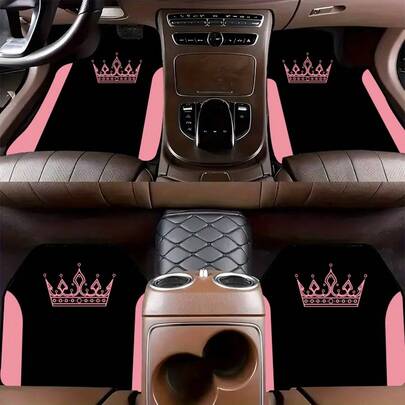 4 件粉色皇冠印花汽车脚垫、汽车脚垫、汽车地毯 - 通用适用于卡车、SUV、轿车 - 耐用聚酯汽车内饰配件 - 男士、女士、情人节、圣诞节、汽车内饰配件的完美礼物 | 时尚脚垫 | 耐用聚酯脚垫、汽车脚垫