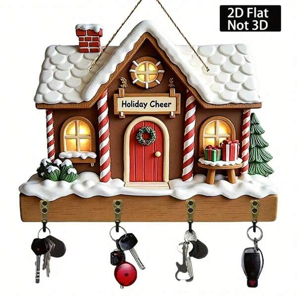 2D Puerta roja plana con corona verde, llaveros de regalo y árbol de Navidad - 4 ganchos de metal, decoración de pared para porche, habitación, villa, decoración del hogar para todas las temporadas (9.84*7.08 pulgadas), 2D plano