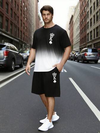 AICJ 2 件男士休闲睡衣套装，皇冠和扑克牌心形图案 T 恤带口袋和短裤，家居服适合春夏季