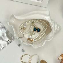 1pc Large Ceramic Seashell Jewelry Tray Lacquered Finish Oval Multi-Purpose Jewelry Tray For Rings Bracelets Earrings Decorative Trinket Dish With Unique Closure Decor Elegant Coastal Beach Vanity Organizer Boho Chic Desk Catchall For Bedroom Bathroom Dresser Entryway Charming Gift Idea For Bridesmaids Holiday Hostess Christmas Stocking Stuffer Autumn Thanksgiving Tabletop Accent Photo Prop Cottagecore Home Decor Accent Piece - Multicolor - View 1