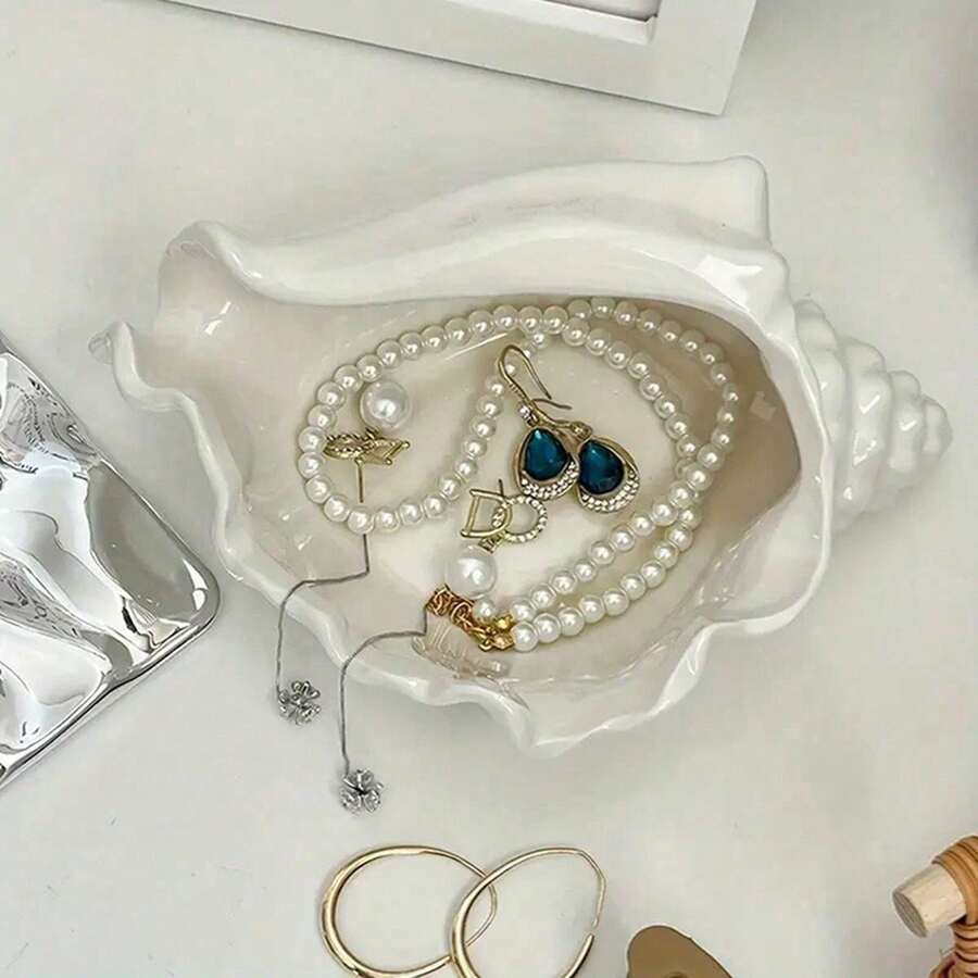 1pc Large Ceramic Seashell Jewelry Tray Lacquered Finish Oval Multi-Purpose Jewelry Tray For Rings Bracelets Earrings Decorative Trinket Dish With Unique Closure Decor Elegant Coastal Beach Vanity Organizer Boho Chic Desk Catchall For Bedroom Bathroom Dresser Entryway Charming Gift Idea For Bridesmaids Holiday Hostess Christmas Stocking Stuffer Autumn Thanksgiving Tabletop Accent Photo Prop Cottagecore Home Decor Accent Piece - Multicolor - View 1
