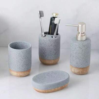 Juego de baño de 4 piezas de cerámica gris, estilo minimalista moderno, incluye dispensador de jabón, portacepillos de dientes, vaso, jabonera, el diseño de grano de madera mejora la atmósfera natural, accesorios de baño de alta calidad para encimera, material de cerámica duradero fácil de limpiar, adecuado para baño del hogar, tocador, dormitorio, oficina, organizador de tocador lujoso, pieza de decoración elegante recomendada para uso personal o regalo, práctico y ahorra espacio para el conjunto de encimera del baño