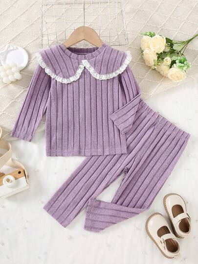 2pcs/Set Soft & Comfortable Ribbed Brushed Fabric Peter Pan Collar Long Sleeve Top + Matching Straight Leg Pants, Suitable For Baby Girls Outdoor Activities