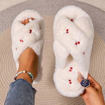 Zapatillas de casa con bordado de lazo para mujer, para otoño/invierno, pantuflas interiores suaves para todas las estaciones, pantuflas planas de una correa para mujer, pantuflas para el piso del hogar, atuendos navideños