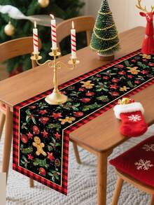 1 pezzo Tappeto da tavola natalizio con stampa a pupazzo di pan di zenzero e plaid, tappeto da tavola rettangolare in poliestere natalizio con elementi classici natalizi, perfetto per tavoli da pranzo familiari natalizi e raduni festivi