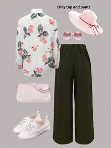 2pcs Women Ink Painting Print Long Sleeve Shirt + High Waist Straight Leg Pants Set, Casual Outfit For Spring, Autumn & Winter - Multicolor - View 5