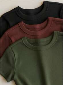 3 Piece Kit Women's Short Sleeve T-Shirt Blouse Plain Ribbed Fabric Cotton Long Basic - 黑色+棕色+軍綠色 - 查看 2