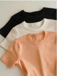3 Piece Kit Women's Short Sleeve T-Shirt Blouse Plain Ribbed Fabric Cotton Long Basic - 黑色+米色+米色 - 查看 2