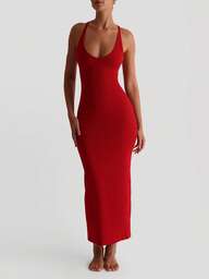 Vestido rojo elegante de punto ajustado con escote en V, cruzado en la espalda y sin espalda, para vacaciones, Navidad y fiestas