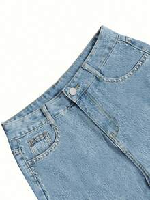 Chicsale Women's High-Waisted Straight Leg Denim Jeans With Pockets And Beaded Detail - Non-Stretch Washed Denim For A Stylish Look - 中等水洗藍 - 查看 3