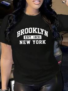 Camiseta de manga corta con estampado de letras de NEW YORK para mujer. Top informal holgado con cuello redondo. - Negro - Ver 1