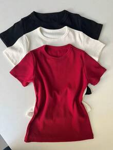 3 Piece Kit Women's Short Sleeve T-Shirt Blouse Plain Ribbed Fabric Cotton Long Basic - 黑色+關閉+酒紅色 - 查看 2