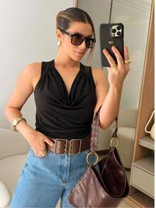 Blusa Elegante Feminina  Simples Drapeado Enrugado Nó Regata Gola Boba Casual Chic Moda Blusa Romantica - Preto - Visão 12