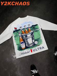 Y2KCHAOS' Casual Long Sleeve Tee With Bold Beer Bucket Print | Perfect For Beer Lovers | Vintage Style Graphic Tee For Men | Ideal For Parties And Hangouts | Comfortable Fit | Y2KCHAOS' Vintage Style - 白色 - 查看 3