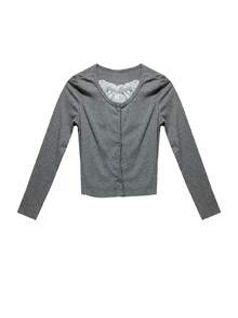 Lace Patchwork Single-Breasted Long Sleeve Mock Layered T-Shirt Top - Grey - View 7