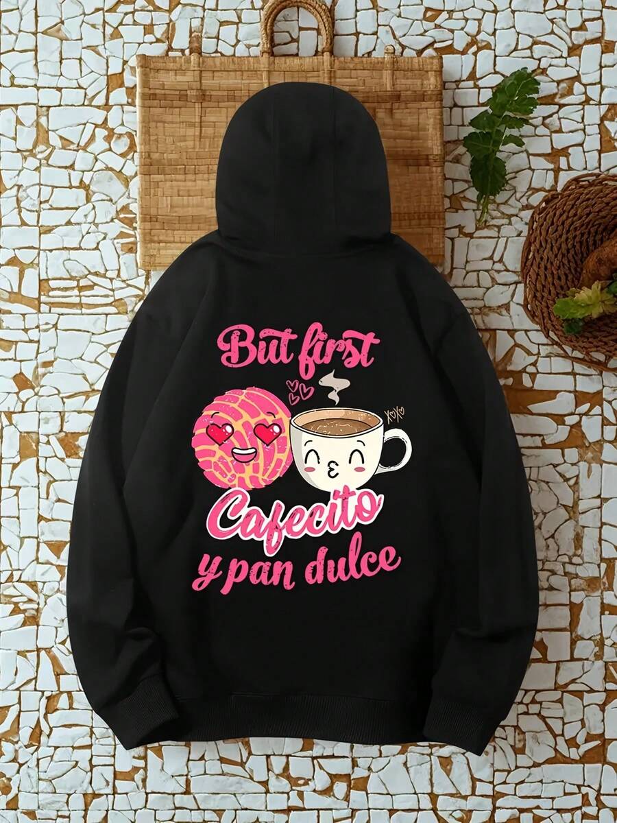 But The First Coffee Y Pandorsi Spanish Cotton Hoodie - Long Sleeves, Knitted Fabric, Easy To Fit, Full Size, Fashionable Graphic Prints, Perfect For Casual Outings And Daily Wear - Đen 23 - Xem 1