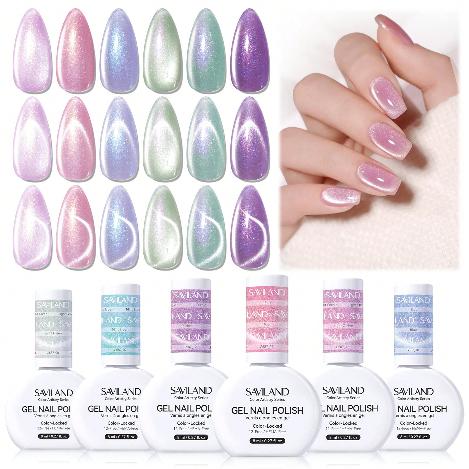 SAVILAND Magnetic Cat Eye Gel Polish Set: 6 Aurora Shimmer Colors With Magnet Stick For Effortless DIY Manicure & Nourished, Glamorous Nails