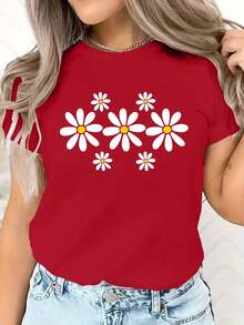 Valentine's Day European And American Spring Summer Women's Clothing Small Daisy Print Casual T-Shirt Loose And Comfortable Summer Tops White Top - 軍綠色 - 查看 11