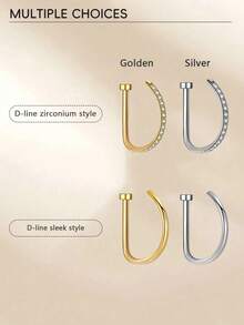 1pc Women Men Fake Piercing Nose Ring Fashion 14K Gold D-Shaped Punk Hip Hop Nose Ring Non-Piercing Thin Metal Single-Sided Nose Clip Stainless Steel Piercing Septum For Teenagers Body Jewelry Suitable For Men And Women Daily Wear, Party, Vacation, Beach Swimwear, Sunbathing, Bar, Dance, Party, Valentine's Day, Halloween, Christmas,