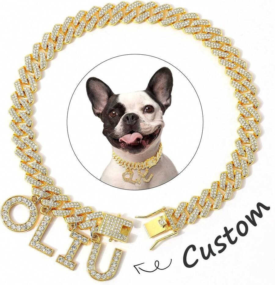 Personalized Dog Necklace,  Custom Dog Collar With Letter Pendant Tag Golden Diamond Name Letters Cuban Style Collar Jewelry Small Medium Dog Accessories, Pet Alloy Collar Accessory, Hip-Hop Style Accessory, Suitable For Daily Wear And Parties