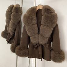 OFTBUY Solid Color Faux Fur Collar Belted Woolen Coat, Casual Street Style For Autumn/Winter
