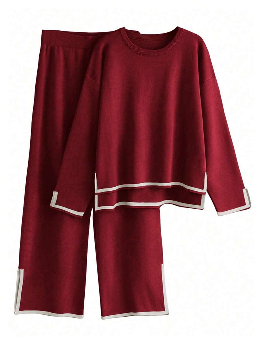 GAOVOT Women's Sweater Two Pieces Simple Loose Casual Color Contrast Round Neck Long Sleeve Sweater And Loose Wide Leg Straight Pant Suit - 酒紅色 - 查看 1