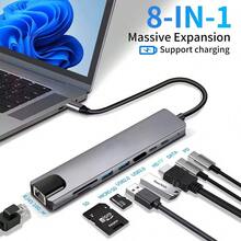 8-In-1 Type-C To HDTV Adapter Hub With Ethernet Port + HDTV Multi-Function Card Reader, Type-C To 4K HDTV Adapter, RJ45 SD/TF Fast Charging Card Reader, Multi-Function Hub For 4K High-Definition Video Mirroring, Compatible With MacBook Laptops And Windows Computers