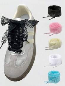 1/2pairs(100cm) Lace Shoelaces, Elegant Lace Shoelaces, Lace Bow Shoelaces, Elegant Satin-Lace Trim Ballet Style Shoe Laces, Geometric Hollow-Out Pattern, Sneakers, Casual Shoes Accessories, For Summer Daily Wear Casual Shoes, White Shoes