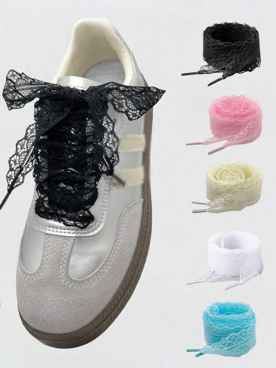 1/2pairs(100cm) Lace Shoelaces, Elegant Lace Shoelaces, Lace Bow Shoelaces, Elegant Satin-Lace Trim Ballet Style Shoe Laces, Geometric Hollow-Out Pattern, Sneakers, Casual Shoes Accessories, For Summer Daily Wear Casual Shoes, White Shoes