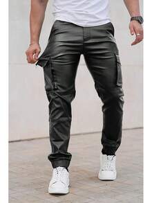 Mens Cargo Pants Joggers Leather Pants For Men Slim Fit-2025 - 黑色 - 查看 8