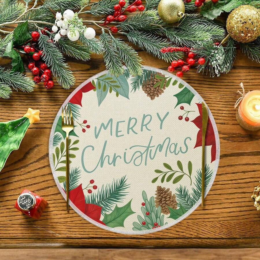1 pieza/4 piezas/6 piezas/60 piezas Manteles individuales redondos con piña y hoja de pino navideños, manteles individuales de lino Feliz Navidad, manteles individuales resistentes a las manchas, adecuados para el hogar, el comedor y el restaurante, decoración de mesa, artículos para el hogar