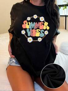 Camiseta gráfica retro de verano para mujer, elegante camiseta de manga corta con cuello redondo y estampado de margaritas, top informal de corte relajado, perfecta para vacaciones y uso diario. - Negro - Ver 1