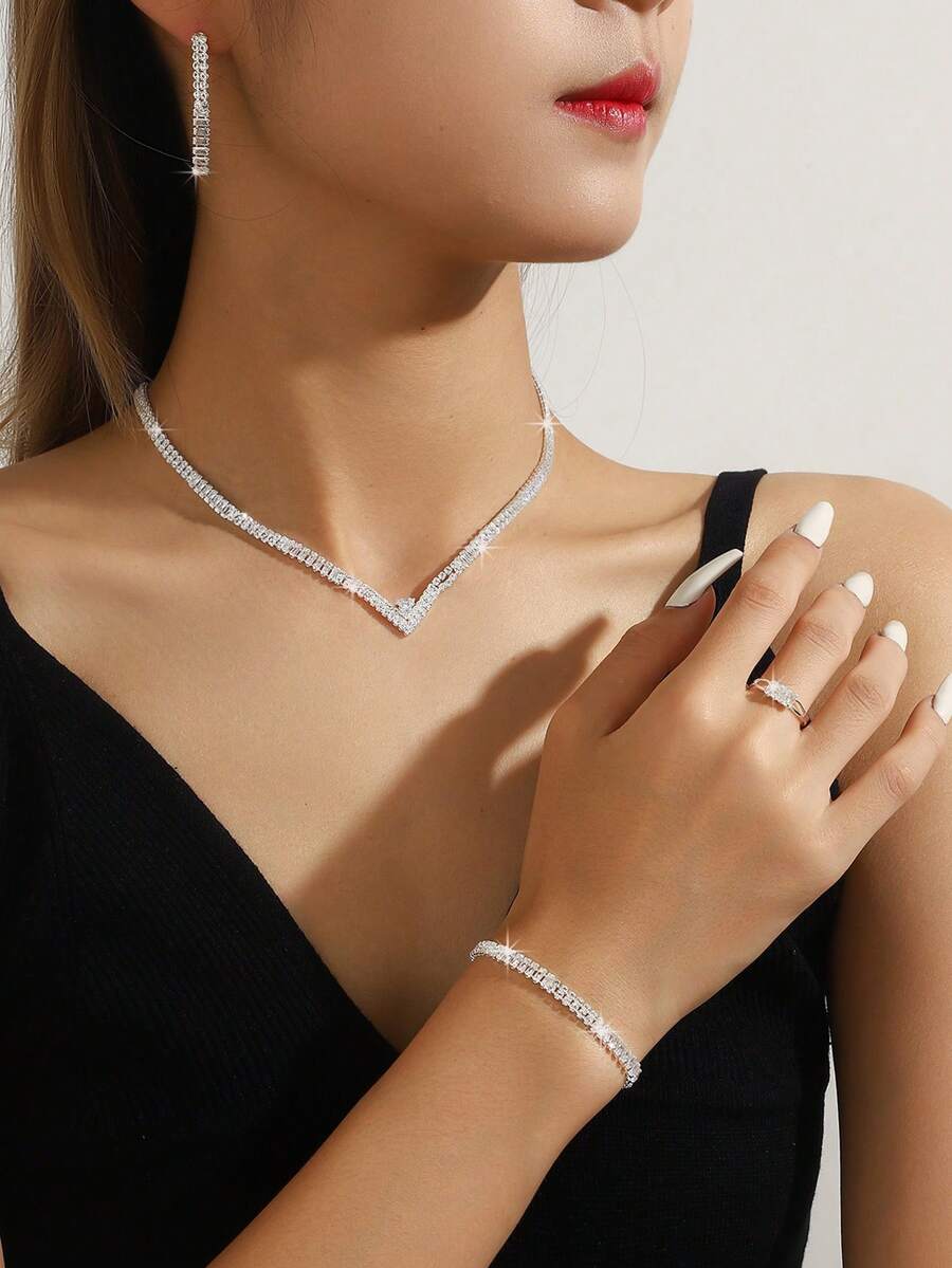 Bộ trang sức cưới cô dâu lấp lánh Zirconia sang trọng 5 món/bộ, bao gồm vòng cổ, hoa tai, vòng tay, nhẫn và phụ kiện tóc, trang trí tiệc tùng và lễ hội thời trang cho phụ nữ - Bạc - Xem 1